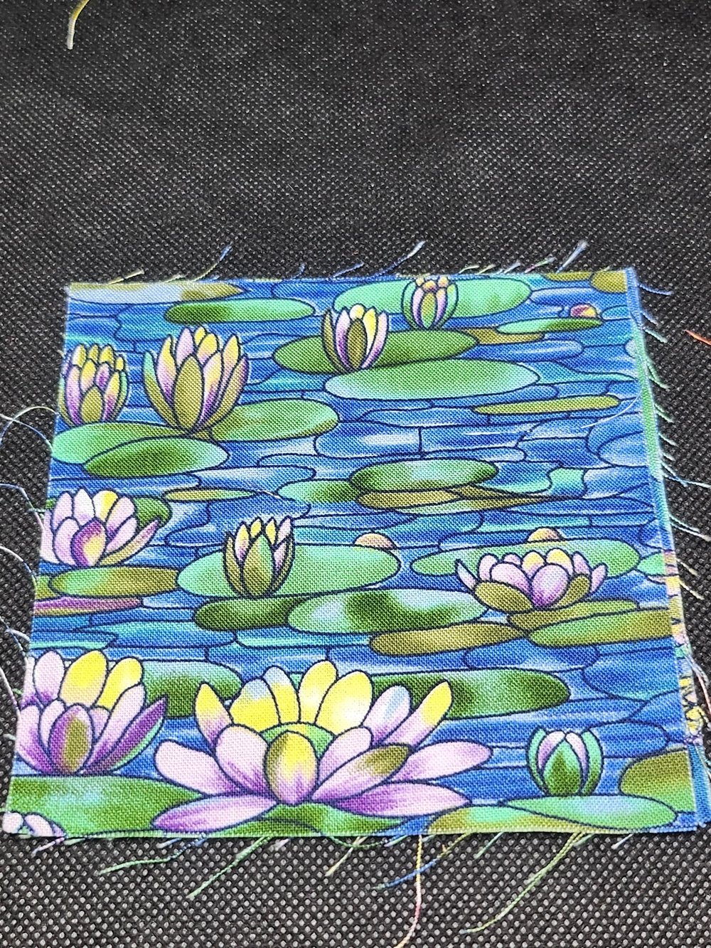 Blue Water Lily Fabric Panel with Pink and Green Lily Pads